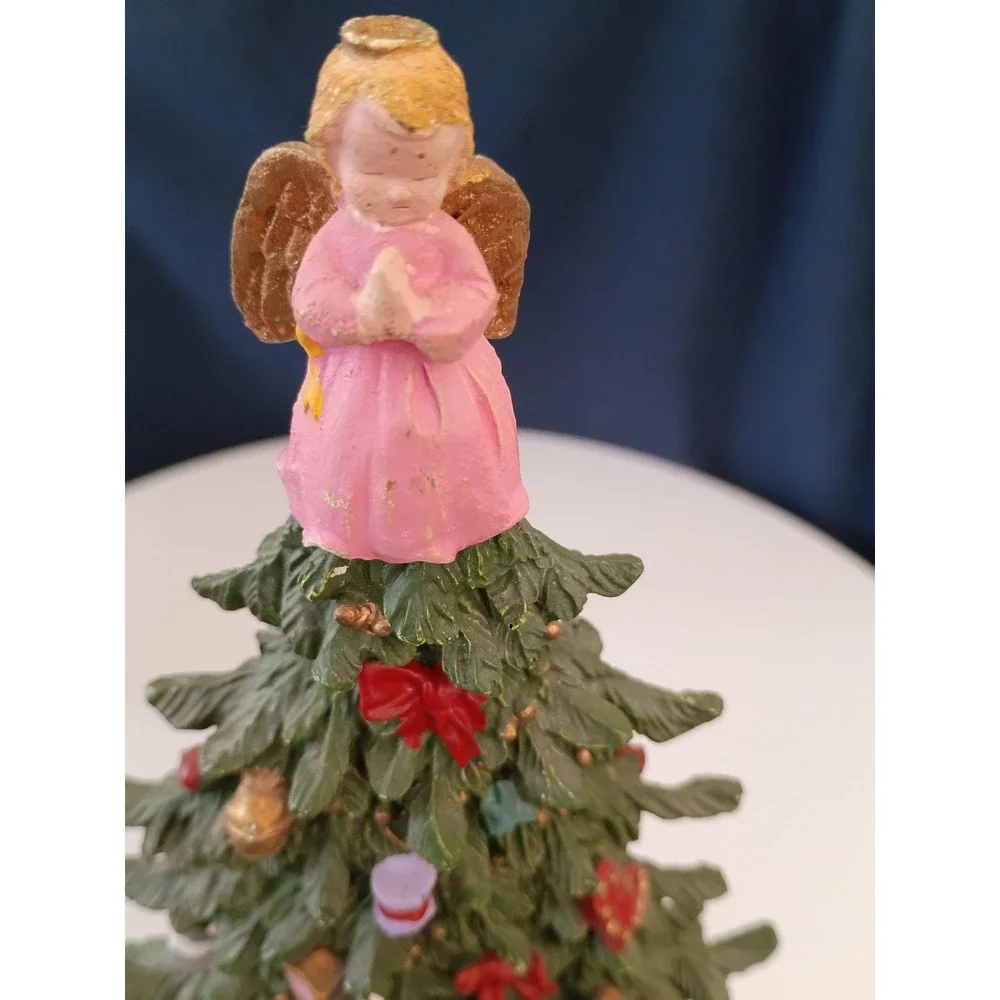 Vintage Resin Christmas Tree Figurine with Angel Topper and Presents 8 Inch